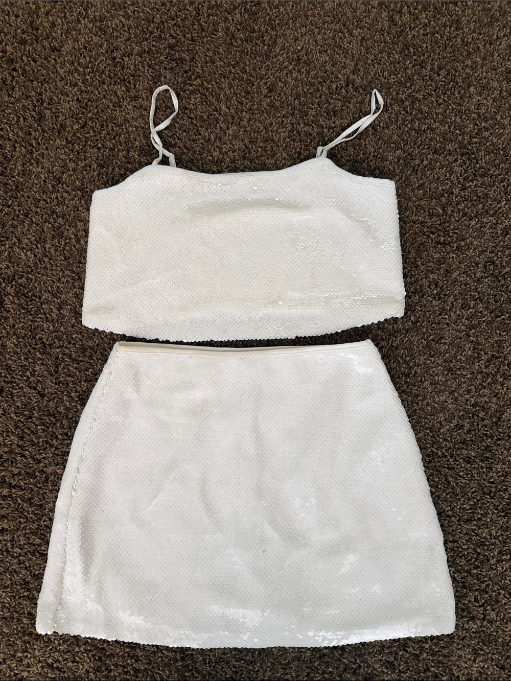 Abercrombie & Fitch Iridescent White Sequin Skirt and crop top set